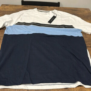 NWT Tahari Men’s striped light blue, white and navy 100% cotton shirt with logo